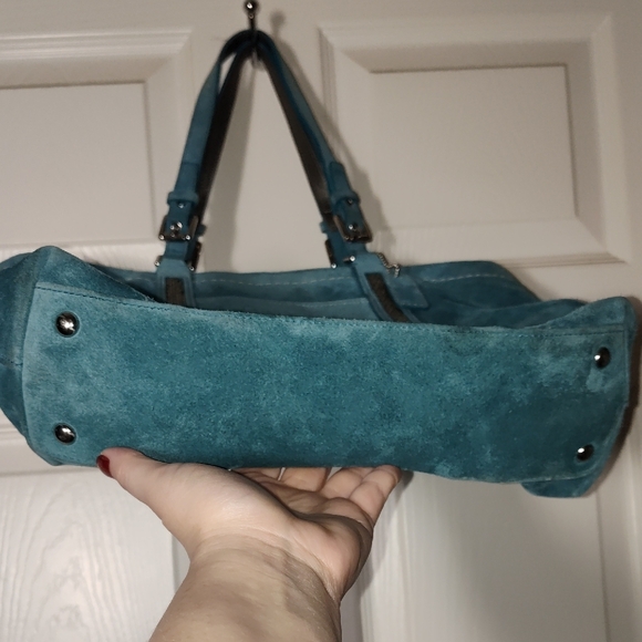 Coach 8B31 Torqoise Blue Suede Tote Gunmetal Beaded Zipper Shoulder Bag - Picture 12 of 17